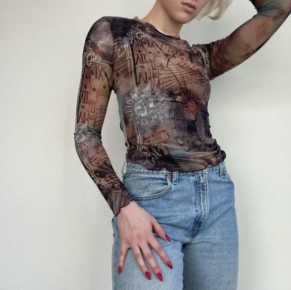 Long Sleeve Sheer Mesh Printed Tops